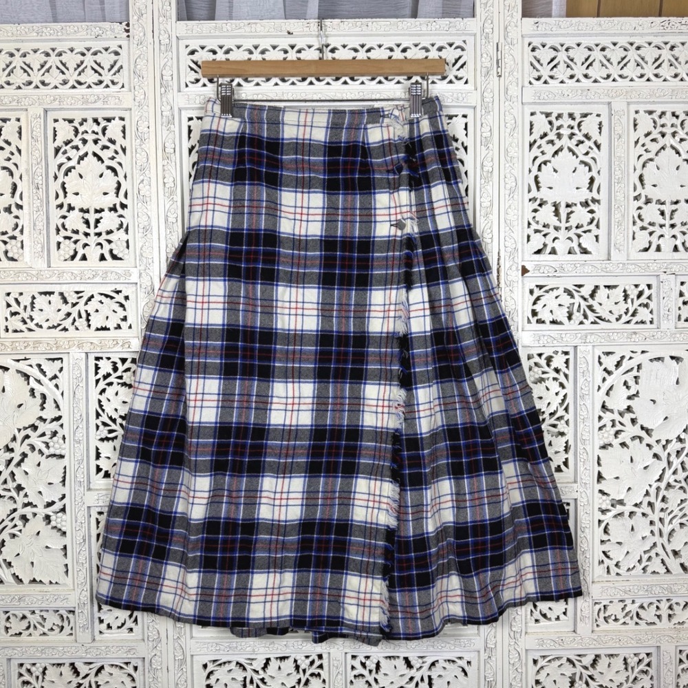 Vintage Plaid Wool Wrap Midi Skirt Preppy Old Money Academia School‎ Girl
